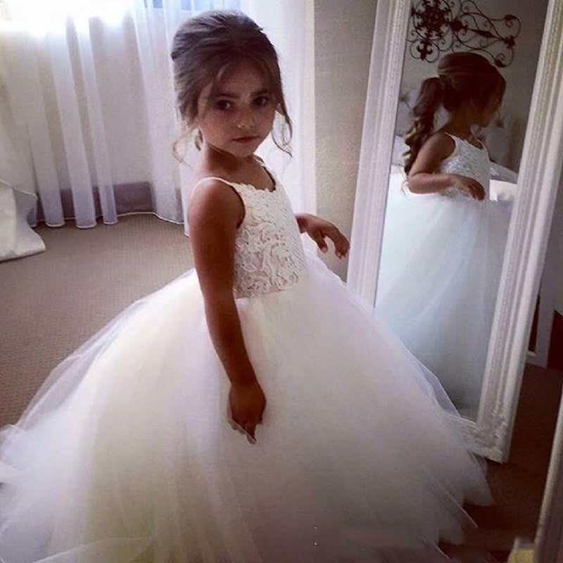 PLwedding Flower Girls Lace Tulle Ball Gowns First Communion Dresses Size 6 White - Image 4